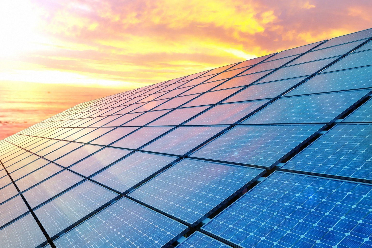 Solar panels under a bright sky